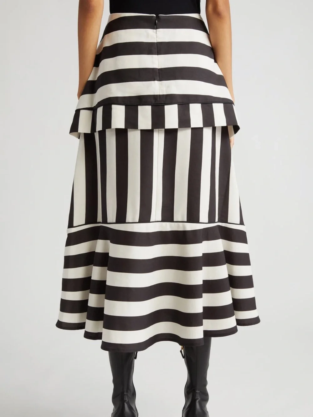 FARM Rio Mixed Stripes A-Line Black and White Ruffled Midi Skirt NWT Size XL